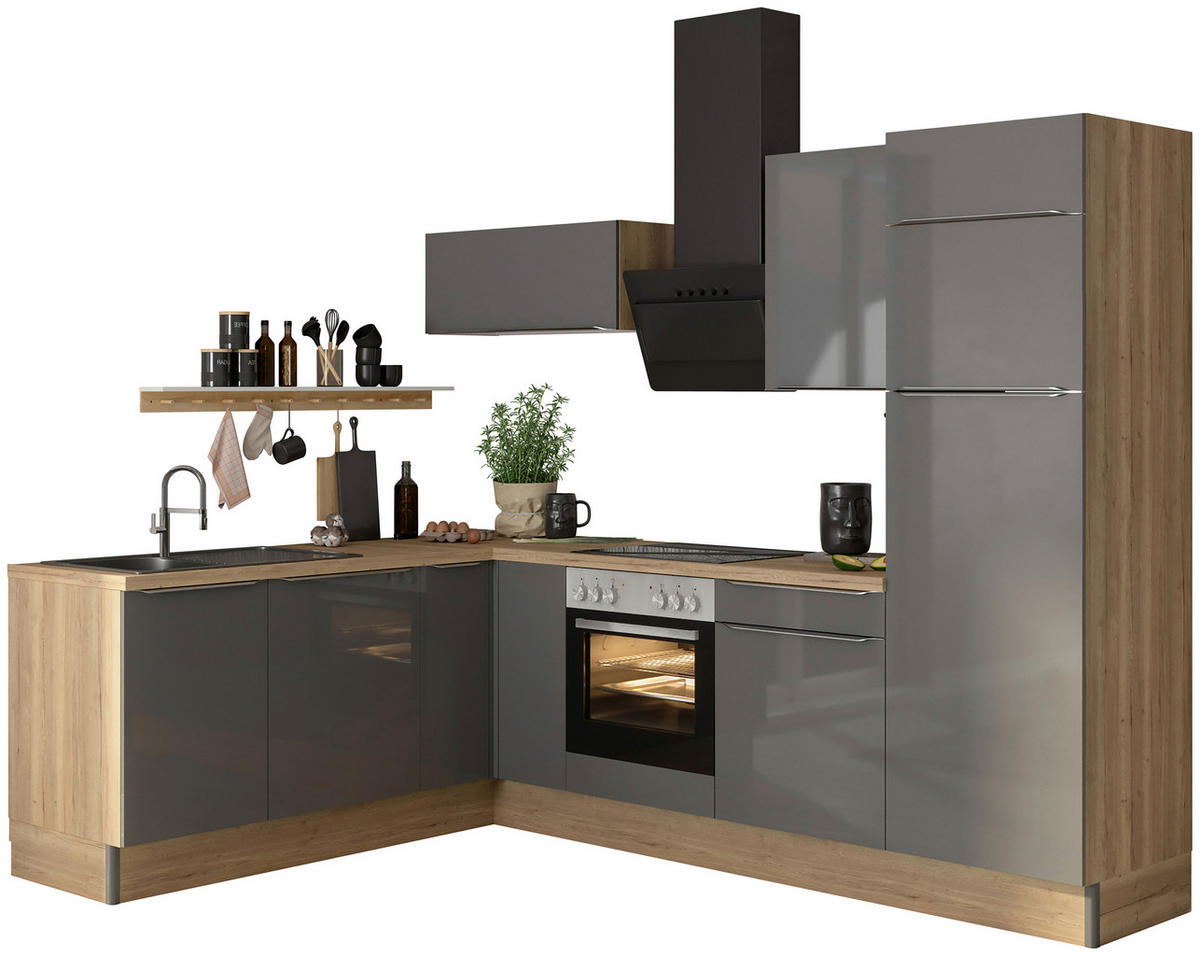 ECKKÜCHE 200/270 cm  in Anthrazit, Eichefarben  - Edelstahlfarben/Eichefarben, Basics, Holzwerkstoff/Metall (200/270cm) - Optifit