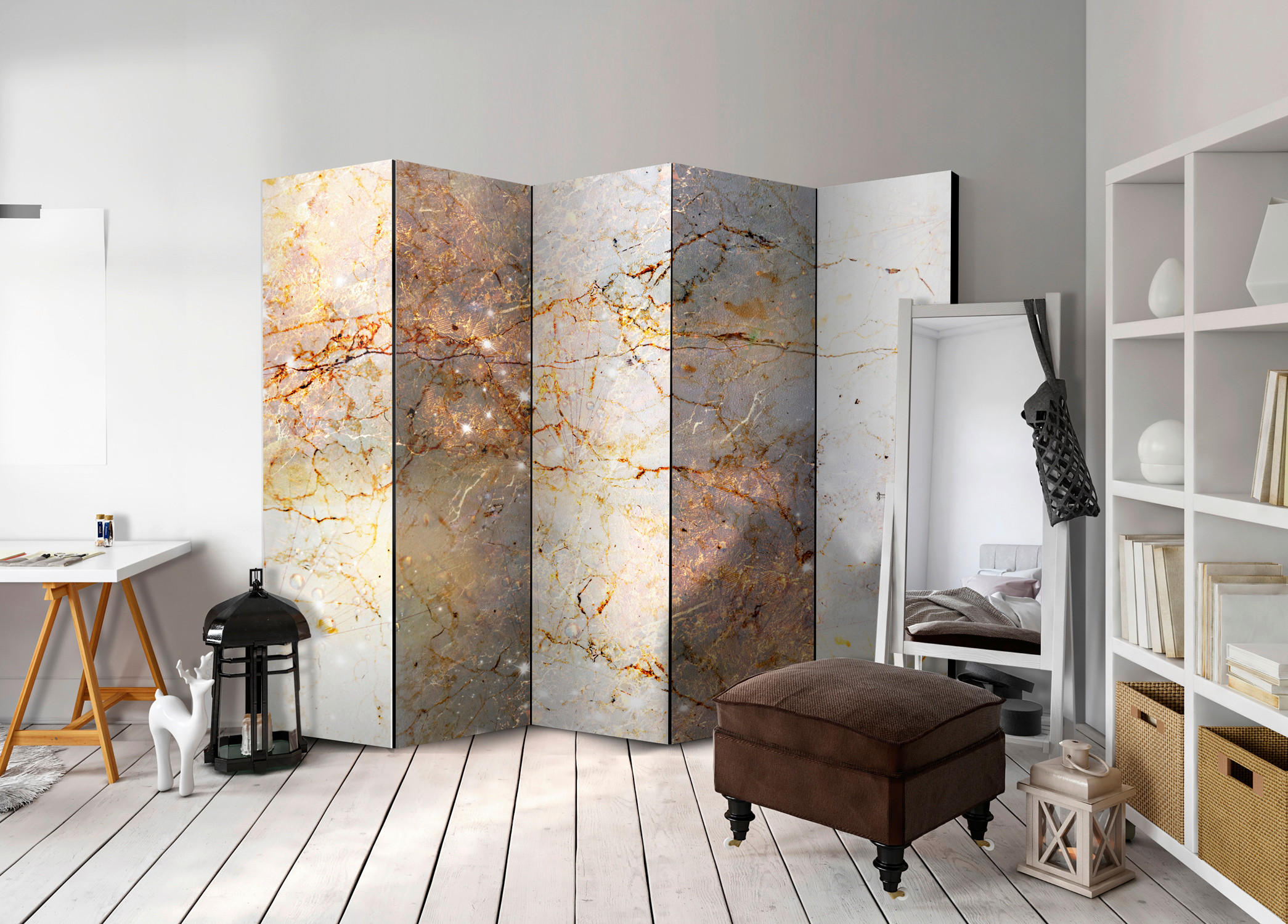 Thumbnail - artgeist Paravent, Beige, Blaugrau, Holz, Textil, Kiefer, massiv, Marmoroptik, 225x172x3 cm, Motiv auf Vorder- und Rücks...