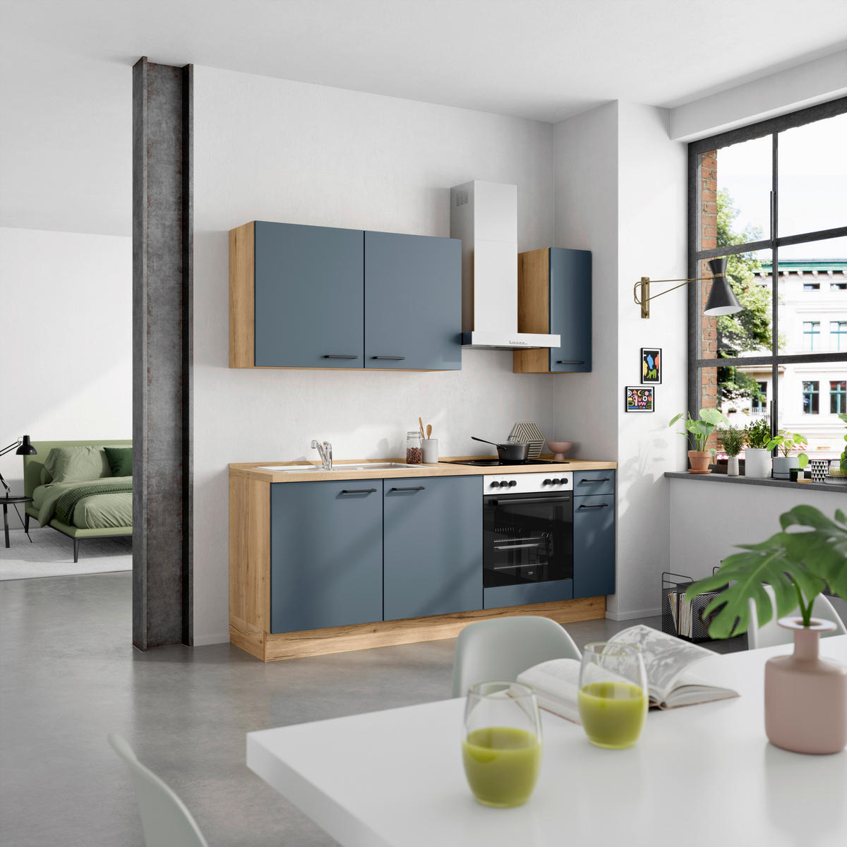 KÜCHENBLOCK Easytouch 210 cm  in Blau, Eichefarben  - Blau/Eichefarben, MODERN, Holzwerkstoff/Metall (210cm) - Nobilia