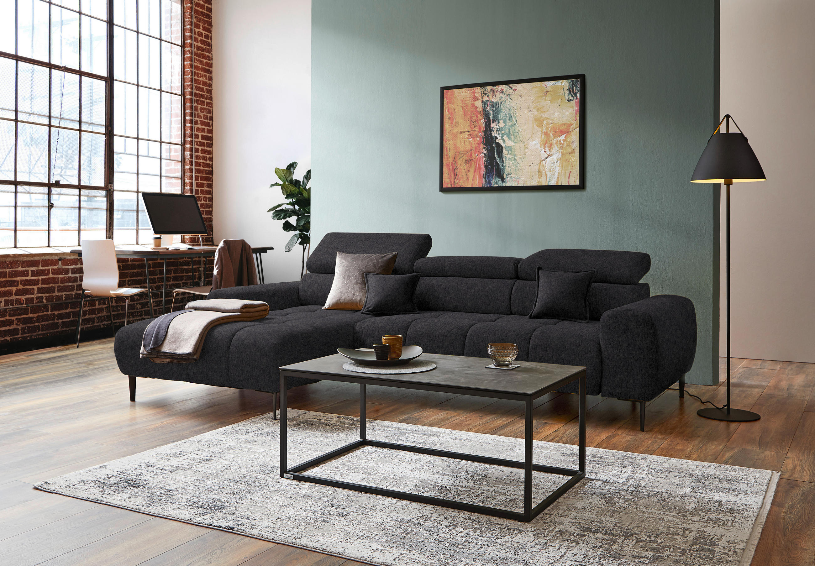ECKSOFA in Samt, Webstoff Dunkelgrau  - Dunkelgrau/Schwarz, Design, Textil/Metall (177/270cm) - Welnova