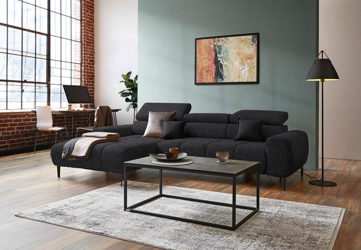 ECKSOFA Dunkelgrau Samt, Webstoff  - Dunkelgrau/Schwarz, Design, Textil/Metall (177/270cm) - Welnova