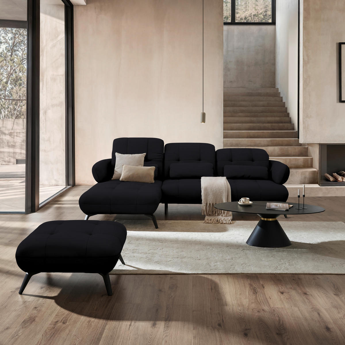 ECKSOFA  in Flachgewebe Schwarz Rücken echt, Kopfteilverstellung  180/282 cm  - Schwarz, MODERN, Textil/Metall (180/282cm) - Novel