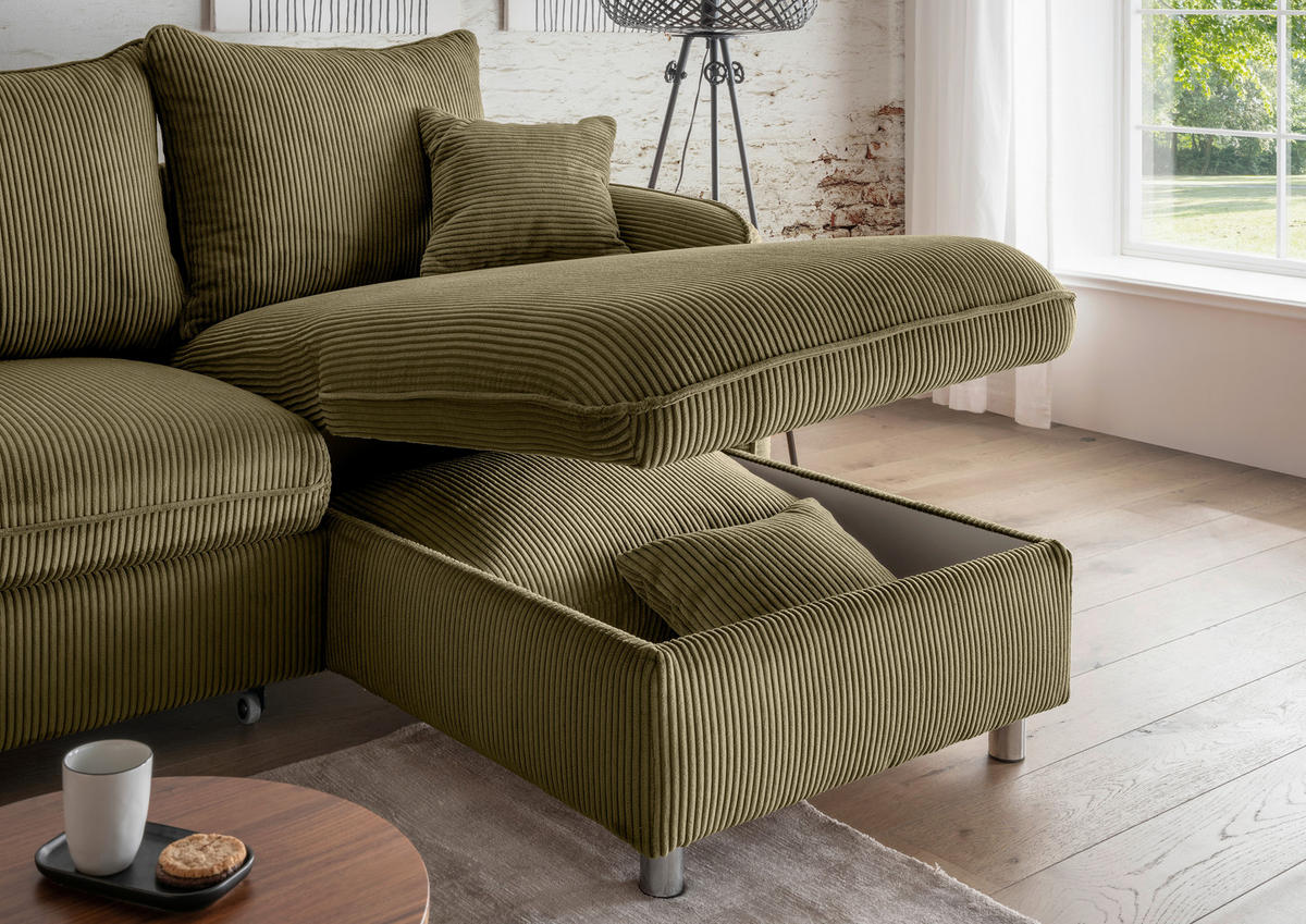 ECKSCHLAFSOFA Cord Olivgrün  - Chromfarben/Olivgrün, MODERN, Textil/Metall (254/160cm) - Livetastic
