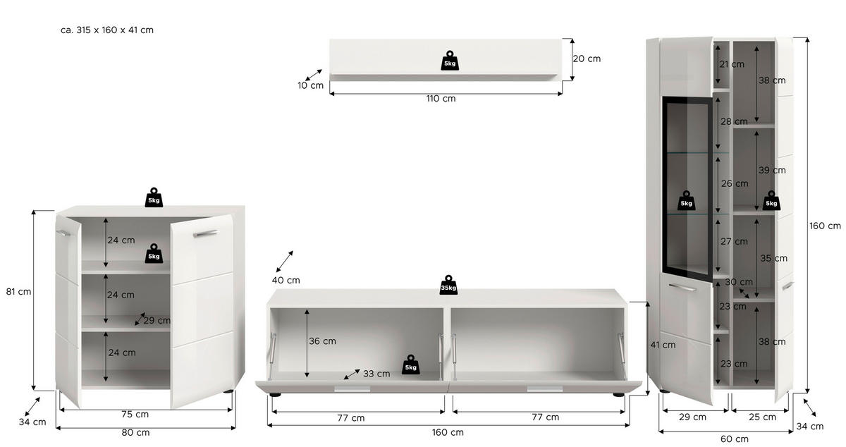 WOHNWAND 4-teilig  in Weiß, Weiß Hochglanz  315/160/41 cm  - Weiß Hochglanz/Silberfarben, Design, Holzwerkstoff/Kunststoff (315/160/41cm) - Livetastic