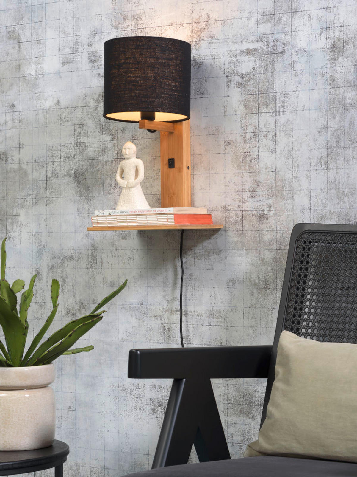 WANDLEUCHTE GOOD&MOJO  19/24/36 cm   - Schwarz/Naturfarben, Trend, Holz/Textil (19/24/36cm) - Good & Mojo