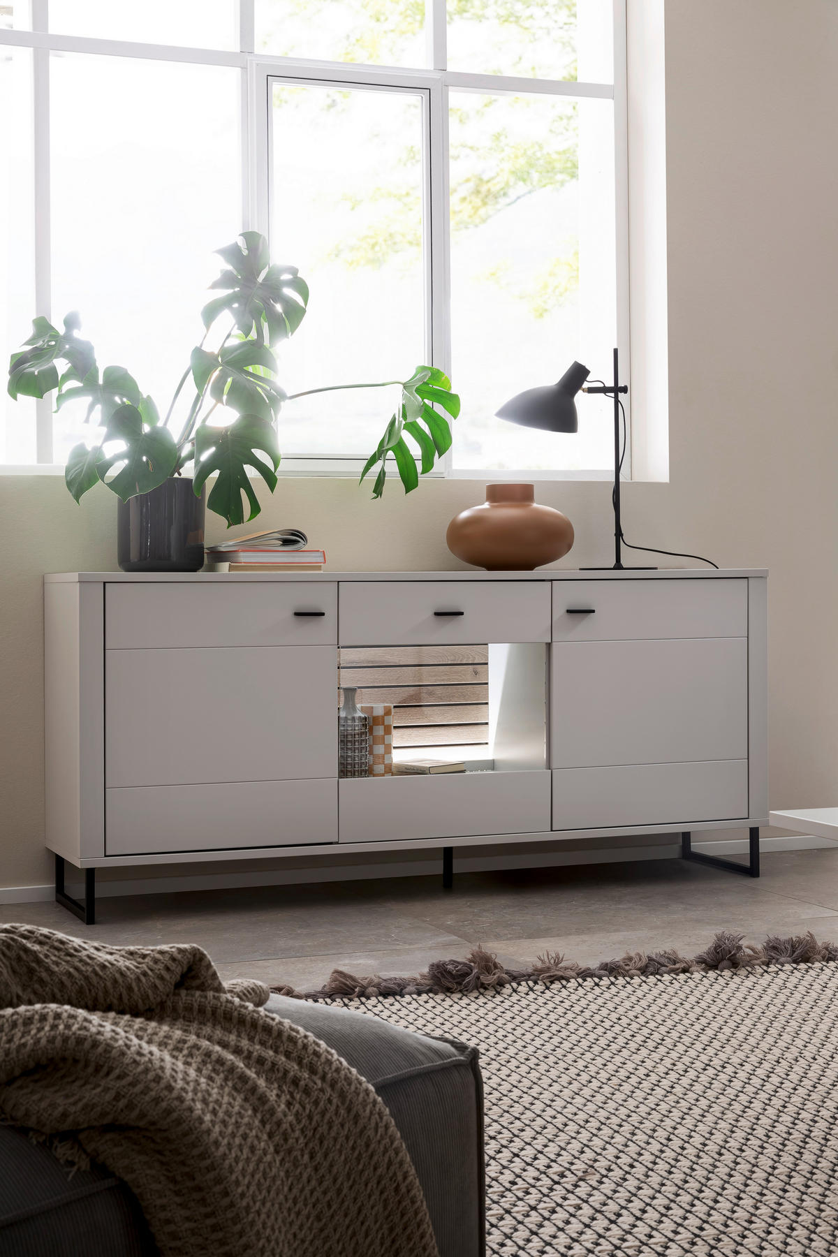 SIDEBOARD Weiss, Eichefarben  189/85/44 cm  - Weiss/Eichefarben, Design, Glas/Holzwerkstoff (189/85/44cm) - Stylife