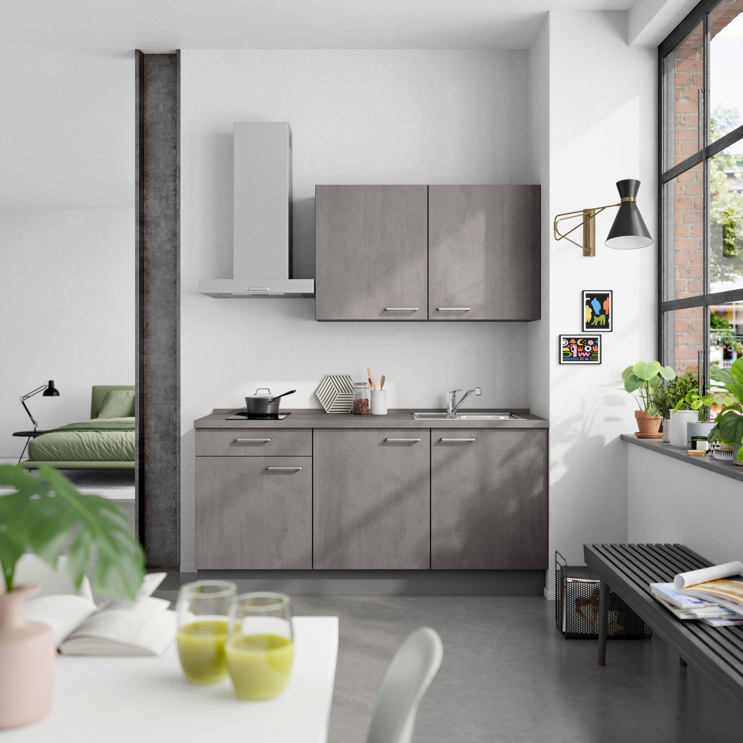 KÜCHENBLOCK Riva 180 cm  in Schieferfarben  - Schieferfarben/Edelstahlfarben, MODERN, Holzwerkstoff/Metall (180cm) - Nobilia