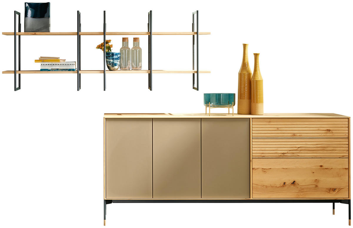 WOHNWAND  in Buchefarben, Greige  279,7/171,6/47 cm  - Greige/Buchefarben, Design, Glas/Holz (279,7/171,6/47cm) - Anrei