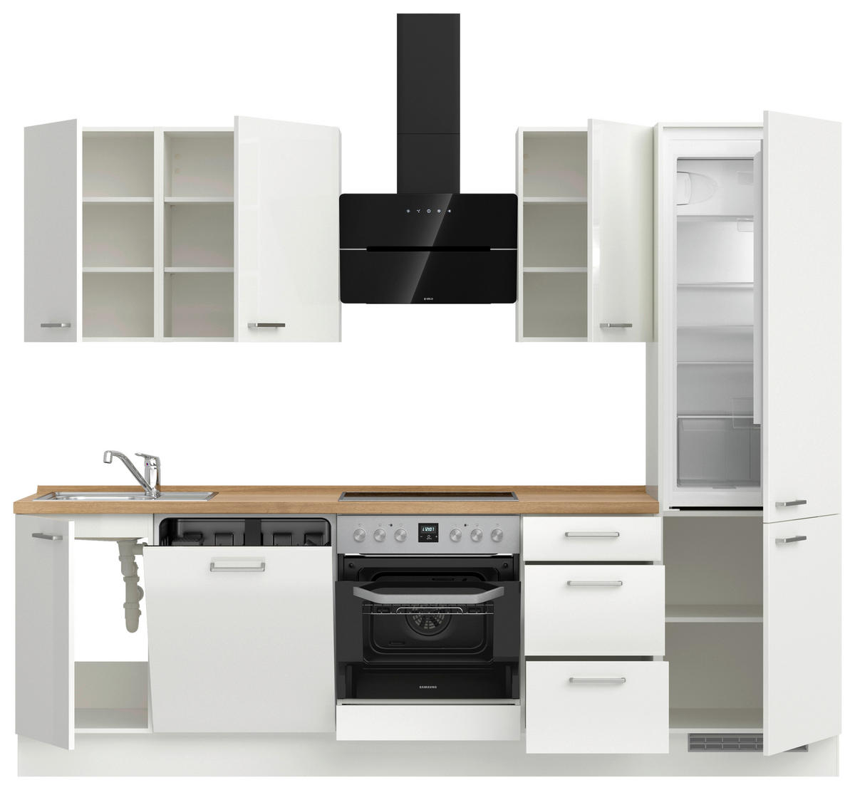 KÜCHENLEERBLOCK 270 cm   in Eichefarben, Weiß Hochglanz  - Edelstahlfarben/Eichefarben, MODERN, Holzwerkstoff/Metall (270cm) - Nobilia