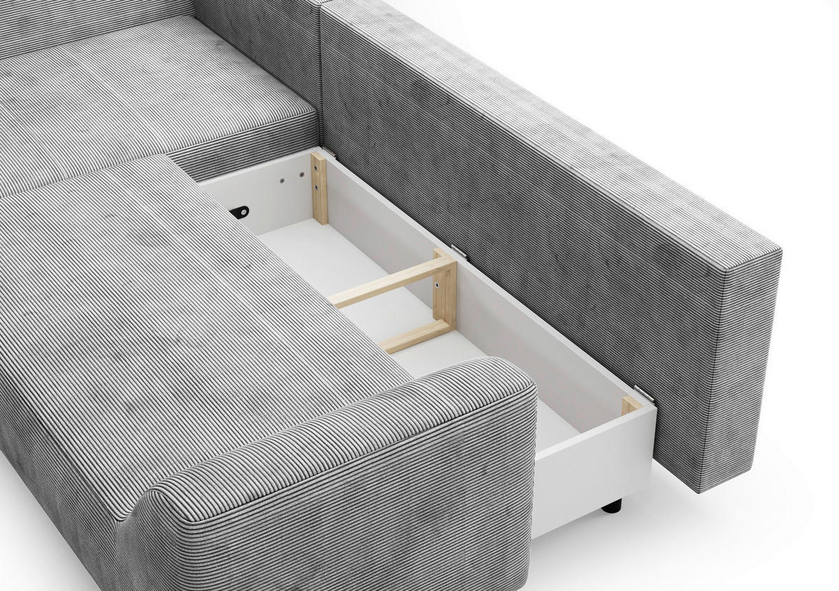 ECKSCHLAFSOFA  mit Bettkasten erhältlich, Schlafen auf Sitzhöhe, Bettfunktion erhältlich, Rücken echt, seitenverkehrt erhältlich Cord Hellgrau  - Hellgrau/Schwarz, Design, Textil/Metall (167/273cm) - MID.YOU