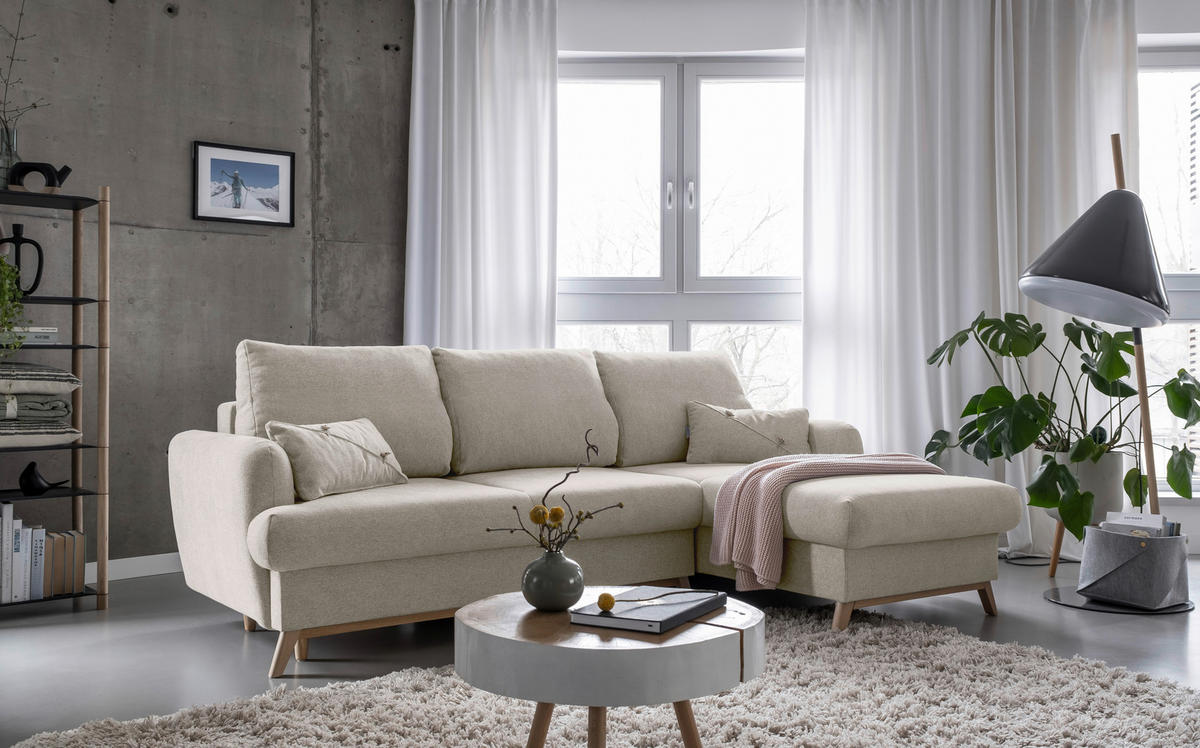 ECKSOFA in Chenille Beige  - Beige/Naturfarben, Holz/Textil (235/157cm) - MID.YOU