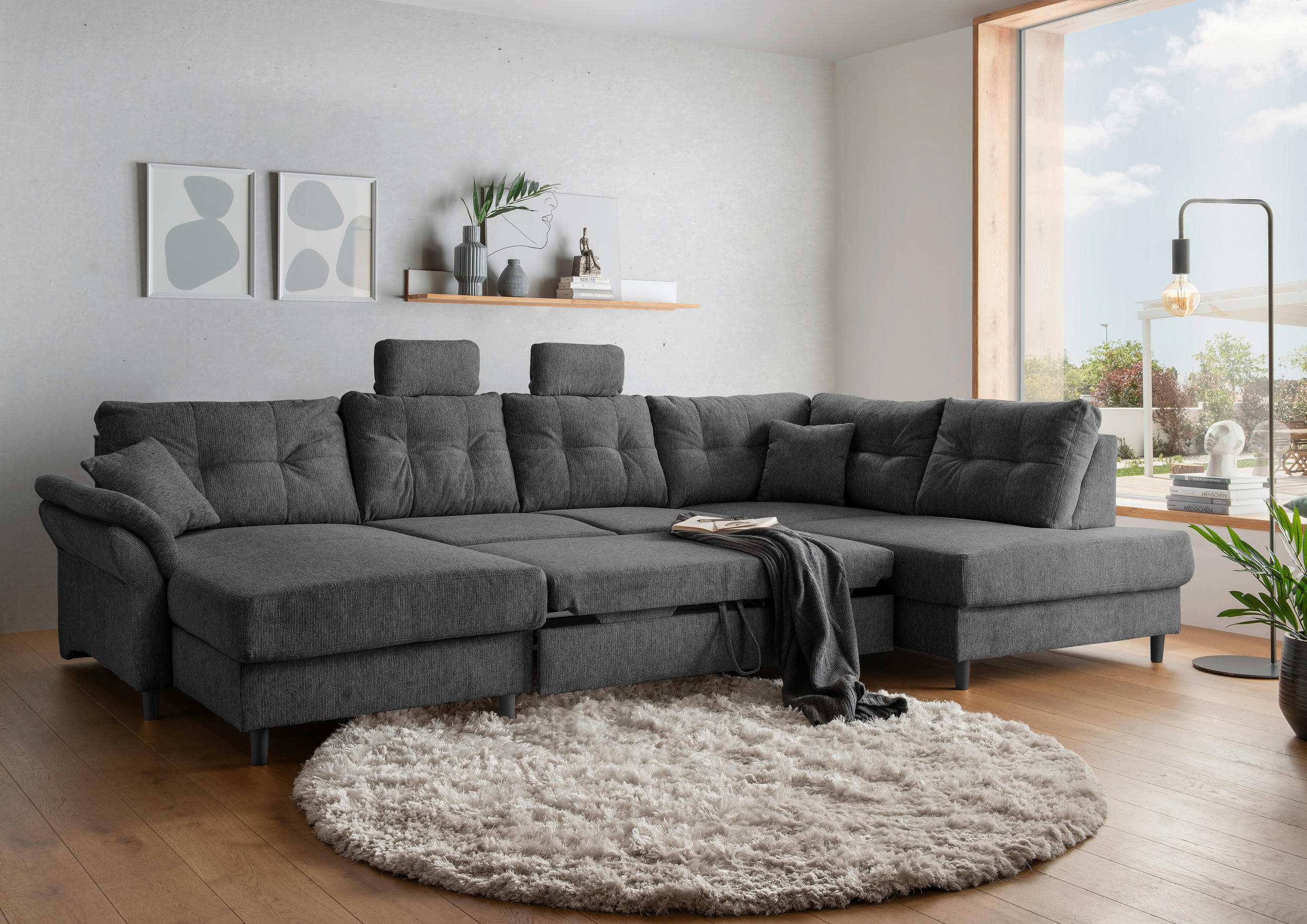 WOHNLANDSCHAFT in Chenille Anthrazit  - Anthrazit/Schwarz, Modern, Holz/Textil (176/338/206cm) - Livetastic
