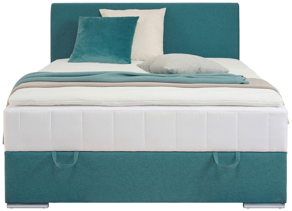 BOXBETT 90/200 cm,  in Petrol, Matratze, Bettkasten, Topper, H3 = fest  - Chromfarben/Petrol, KONVENTIONELL, Kunststoff/Textil (90/200cm) - Boxxx