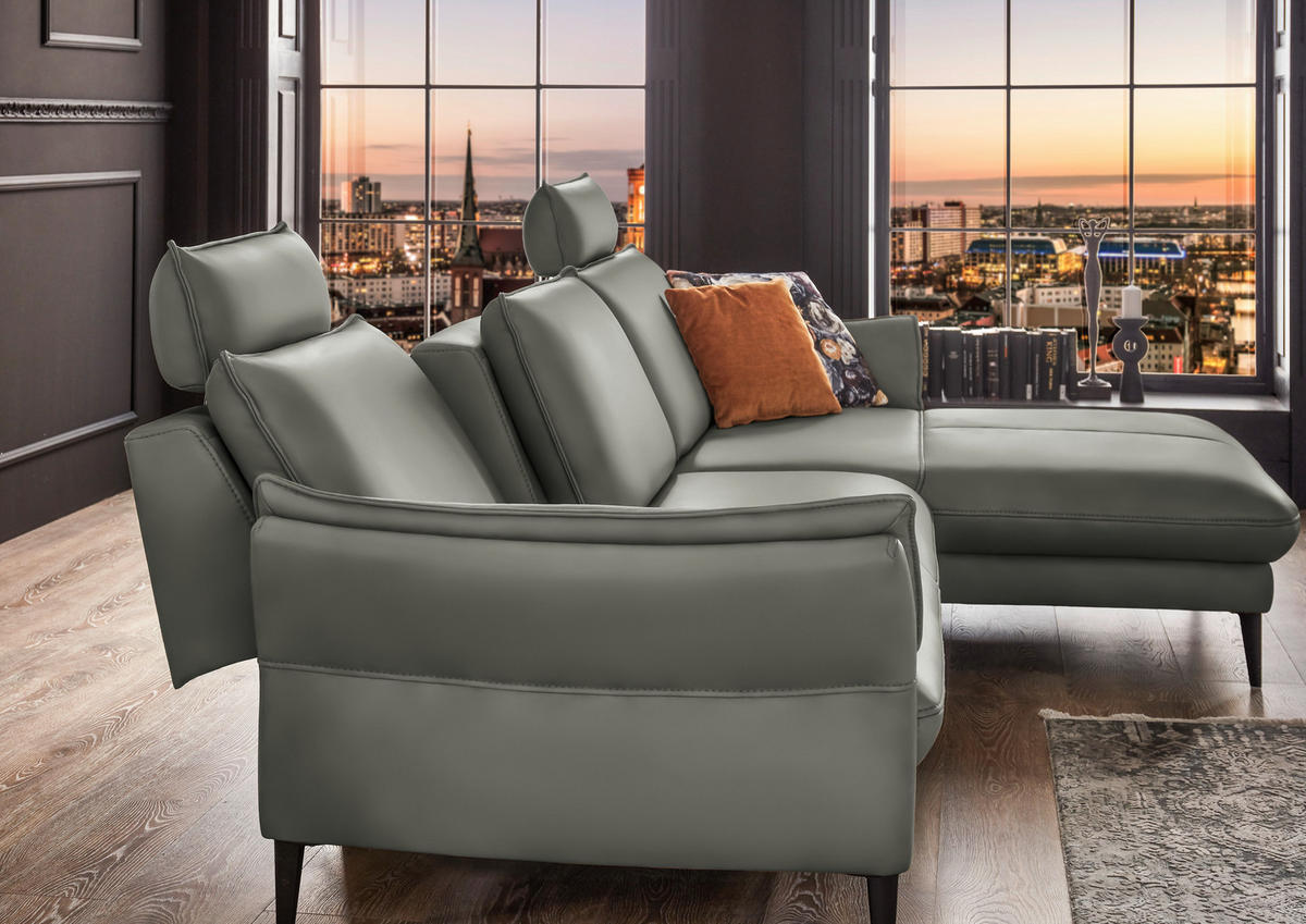 ECKSOFA in Echtleder Grau  - Schwarz/Grau, Design, Leder/Metall (334/172cm) - Hukla