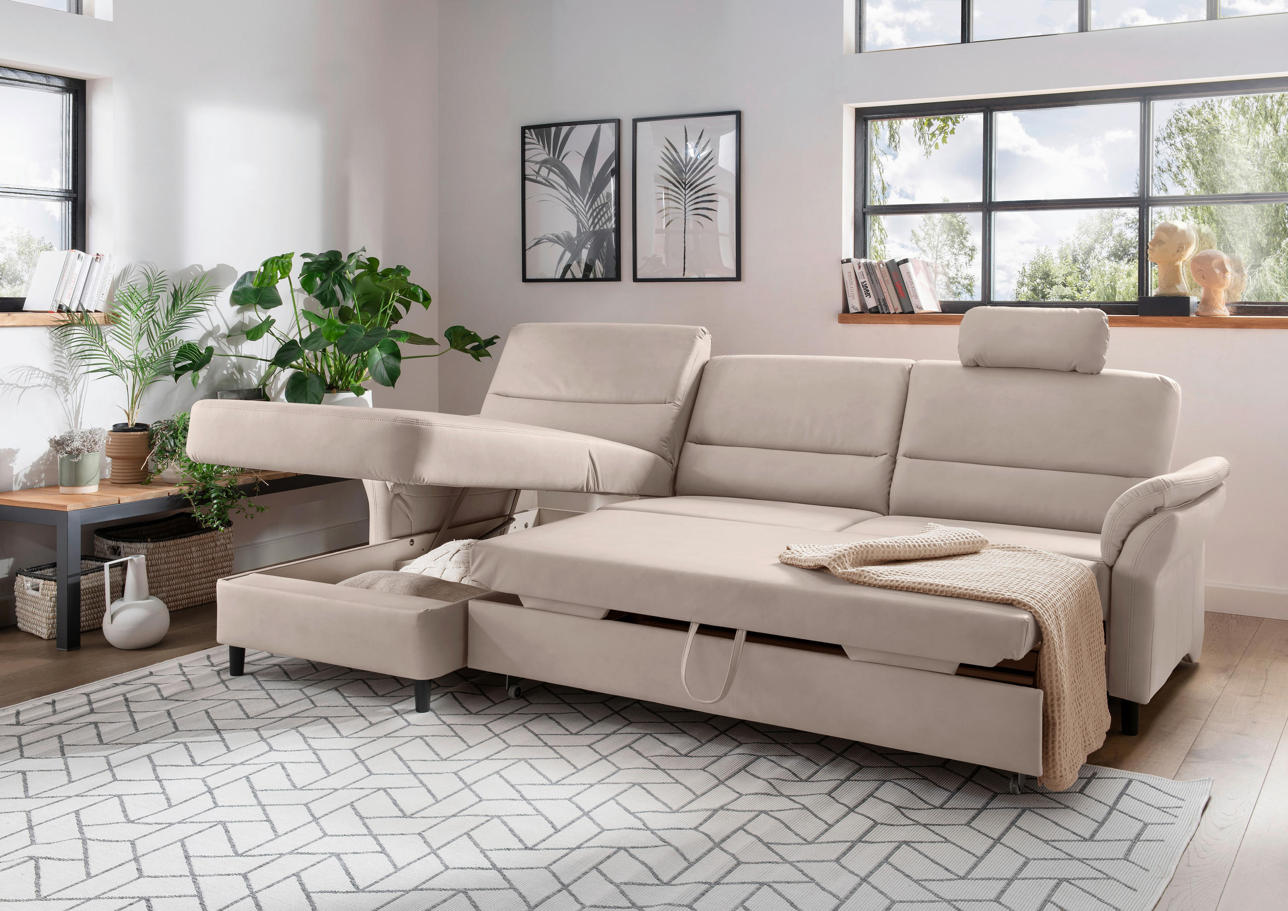 ECKSOFA Beige Lederlook  - Beige/Schwarz, MODERN, Holz/Textil (176/279cm) - Livetastic