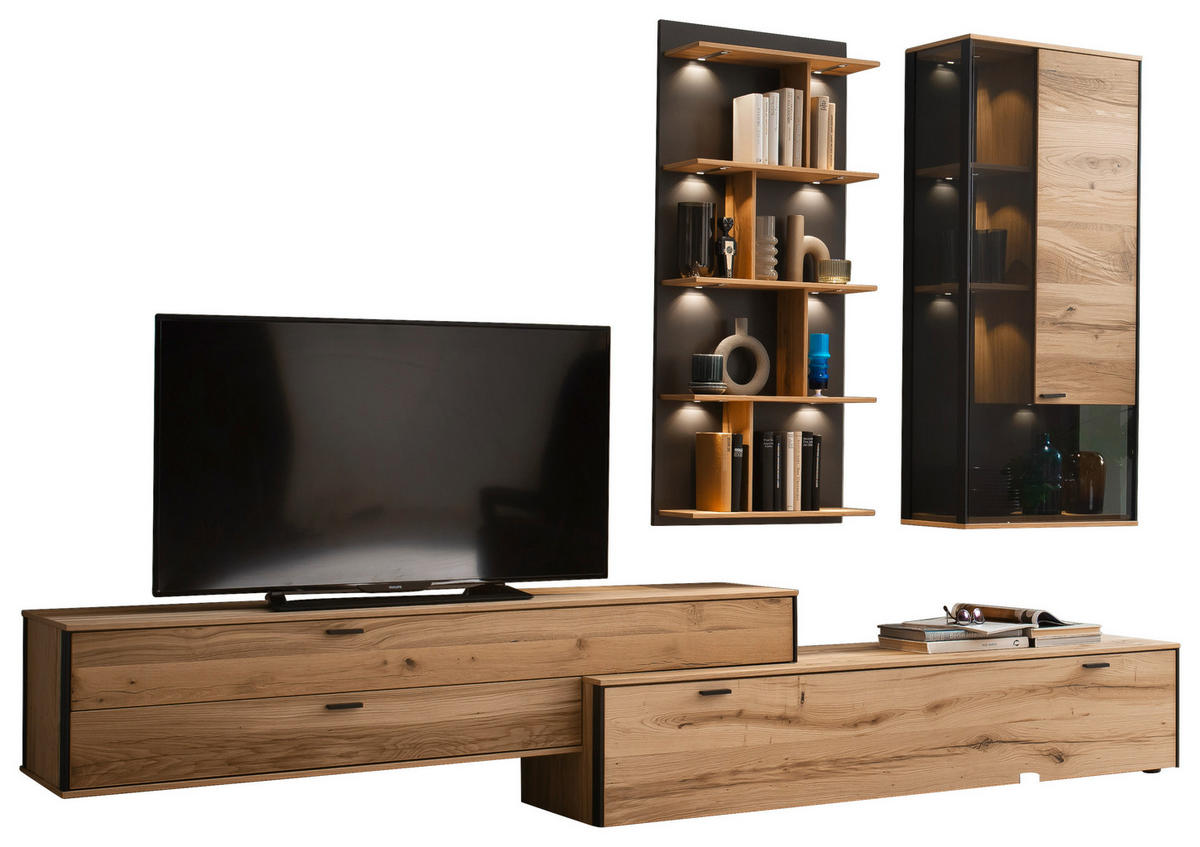 WOHNWAND 4-teilig  in Anthrazit, Eichefarben  303/207/53 cm  - Eichefarben/Anthrazit, Design, Glas/Holz (303/207/53cm) - Schöner Wohnen