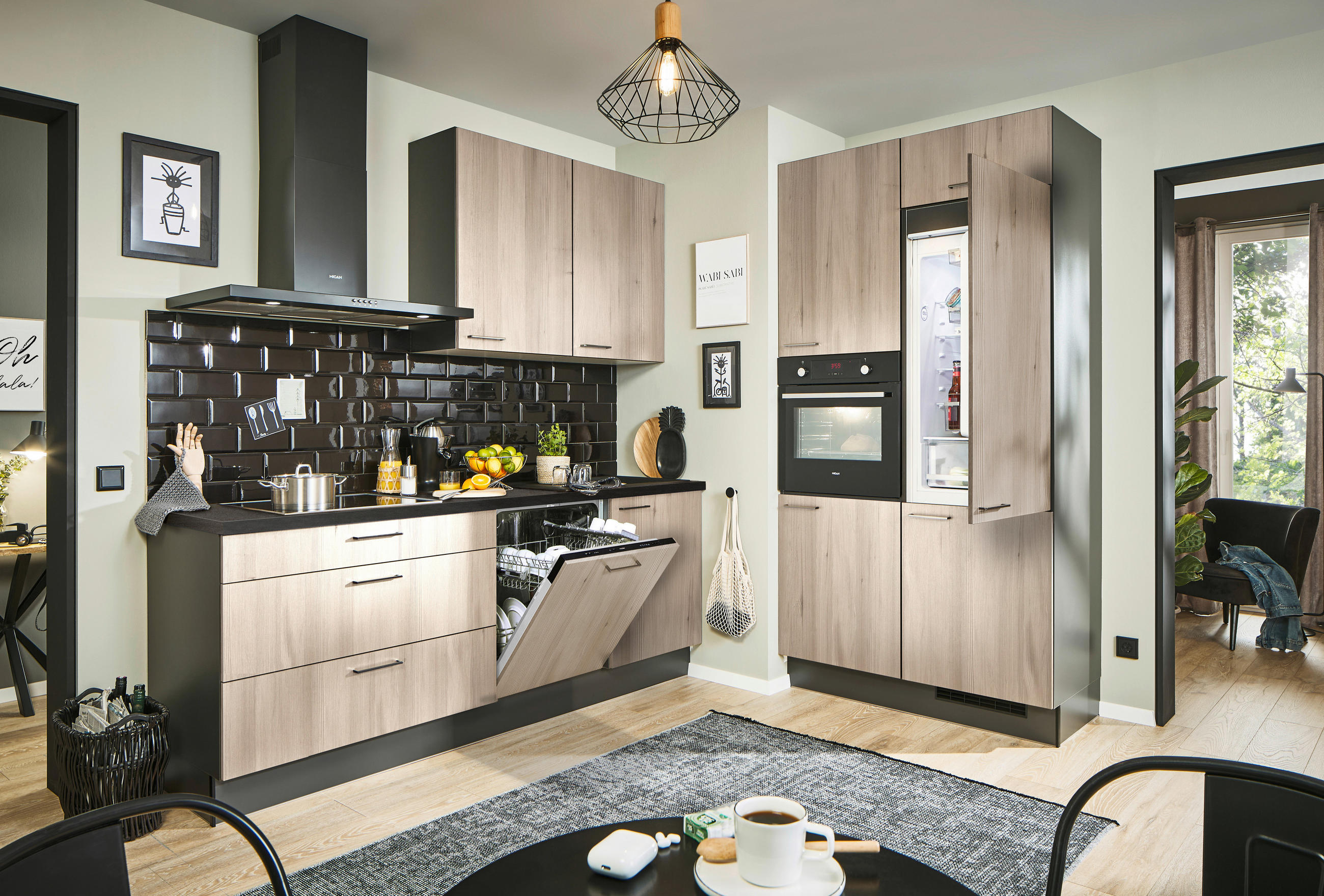 ECKKÜCHE 220/120 cm  in Graphitfarben, Schwarz, Tannenholzfarben  - Chromfarben/Tannenholzfarben, Design, Holzwerkstoff/Metall (220/120cm) - Xora