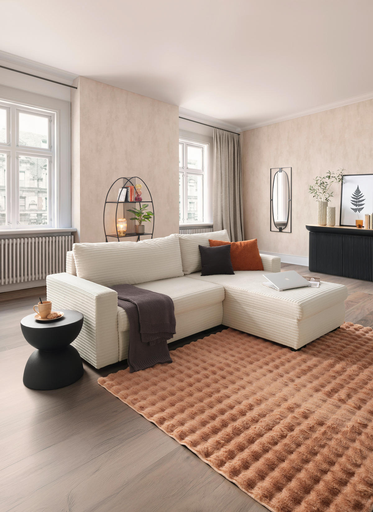 ECKSOFA Cord Beige  - Beige/Schwarz, Konventionell, Kunststoff/Textil (225/86/167cm) - MID.YOU