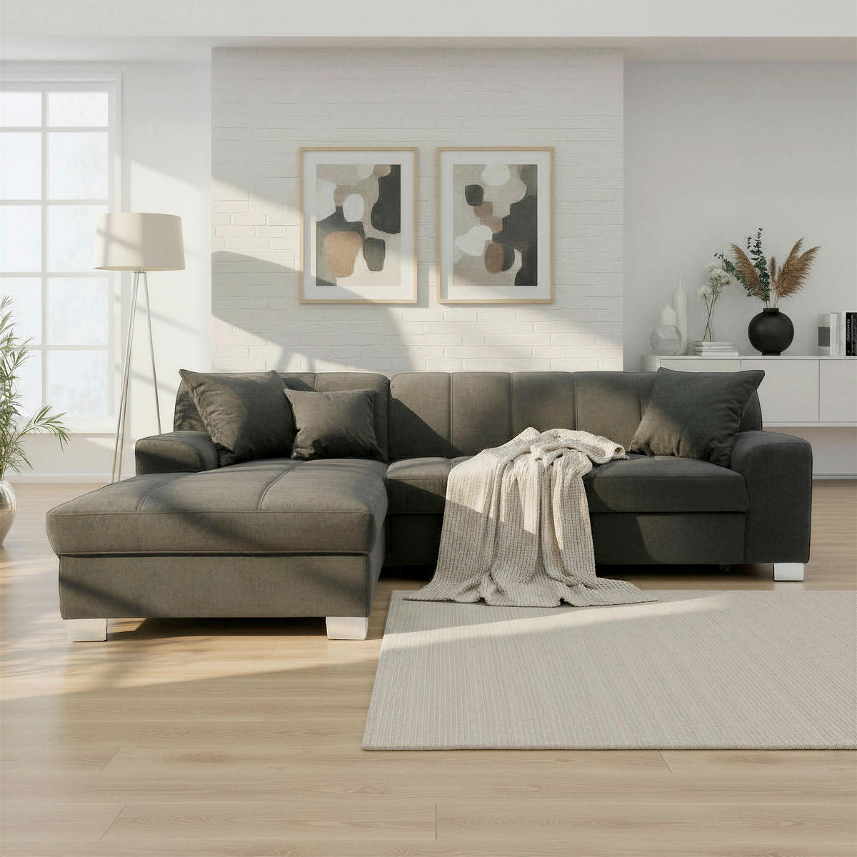 ECKSOFA CAPRI Schwarz Mikrofaser  - Chromfarben/Schwarz, KONVENTIONELL, Textil/Metall (152/239cm) - MID.YOU