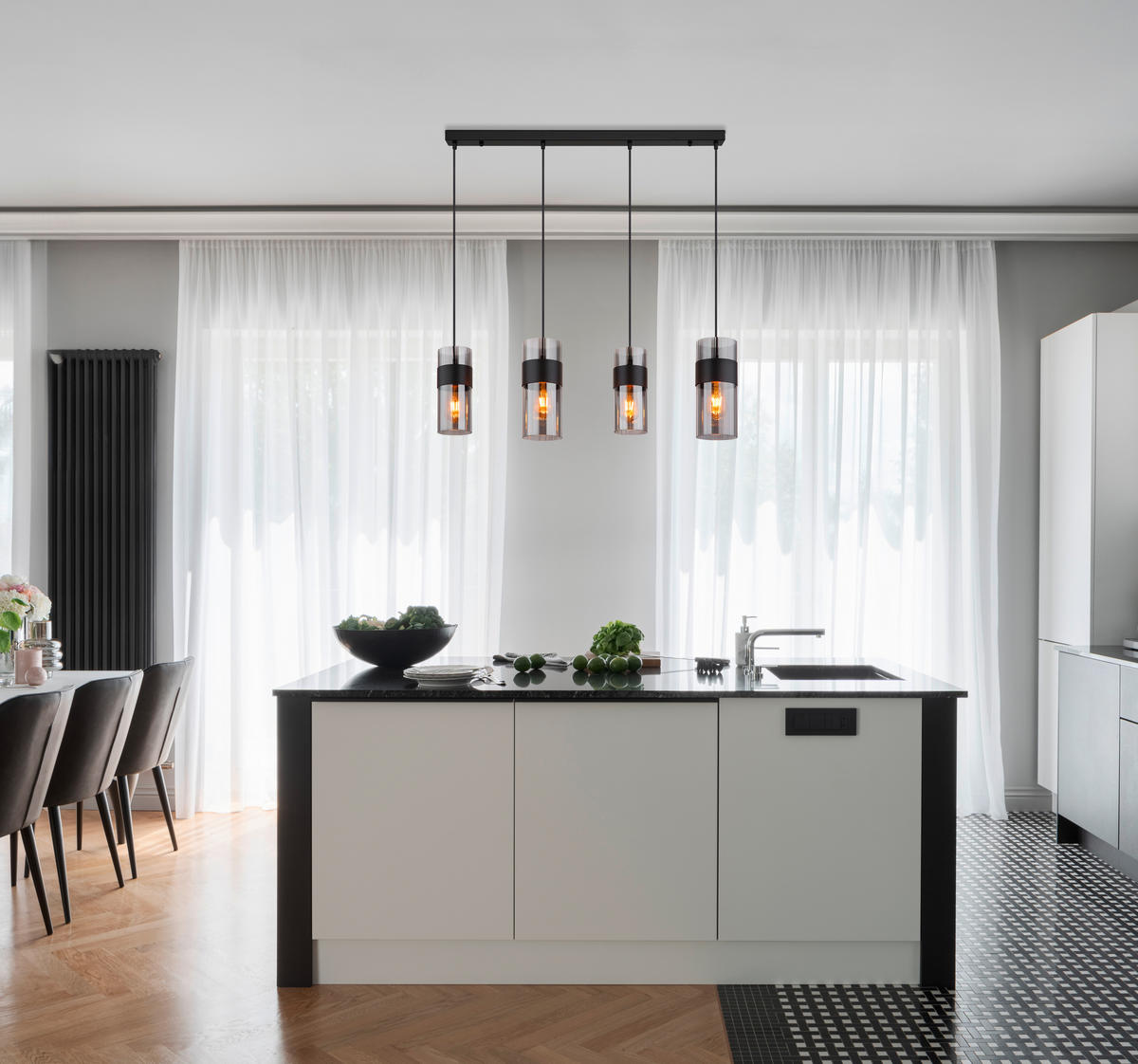 HÄNGELEUCHTE 92/12,3/150 cm    - Schwarz, Design, Glas/Textil (92/12,3/150cm) - Globo
