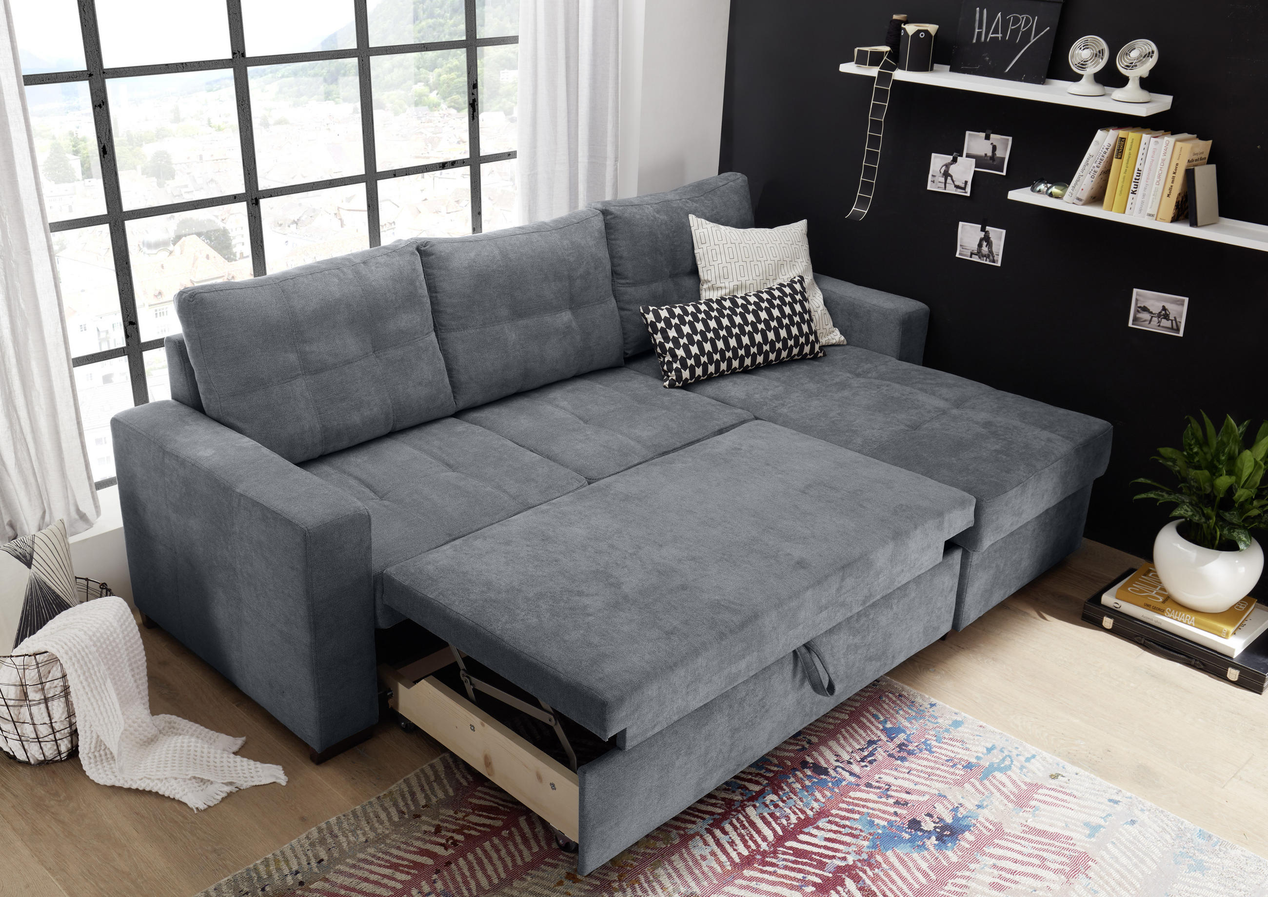 ECKSOFA Anthrazit Mikrovelours  - Anthrazit/Schwarz, Basics, Kunststoff/Textil (230/154cm) - MID.YOU