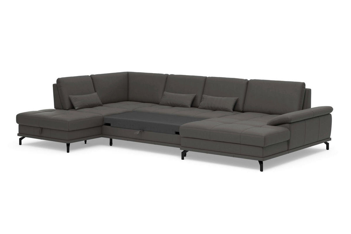WOHNLANDSCHAFT COSTELLO E Mokka Kombination Echtleder/Stoff Mikrofaser  - Schwarz/Mokka, Basics, Leder/Textil (223/363/176cm) - Sit & More