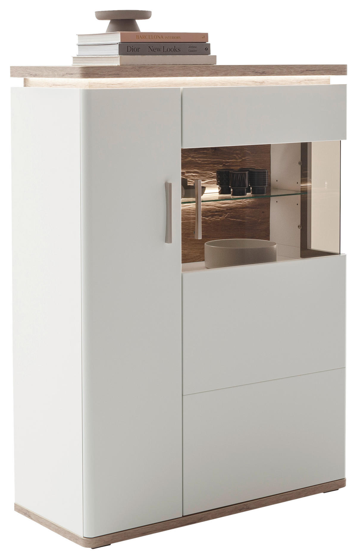HIGHBOARD Tbilisi  in 90/124/38 cm  - Weiss/Eichefarben, Design, Glas/Holzwerkstoff (90/124/38cm) - Livetastic