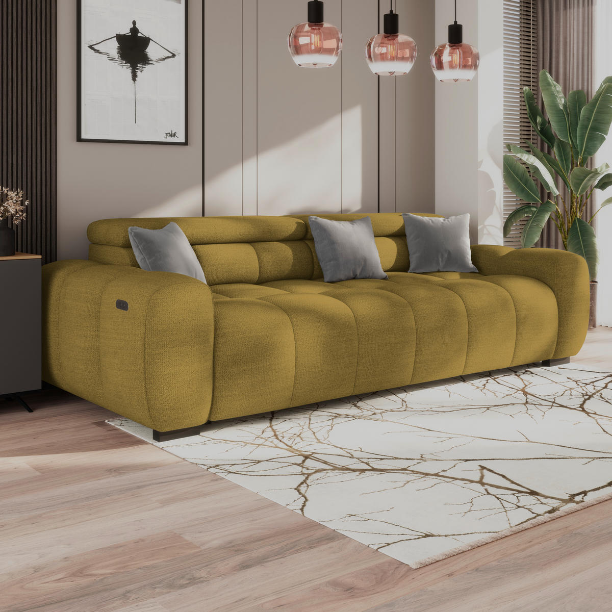 BIGSOFA Webstoff Grün, Senfgelb  - Senfgelb/Schwarz, Design, Kunststoff/Textil (248/77-97/108cm) - Welnova