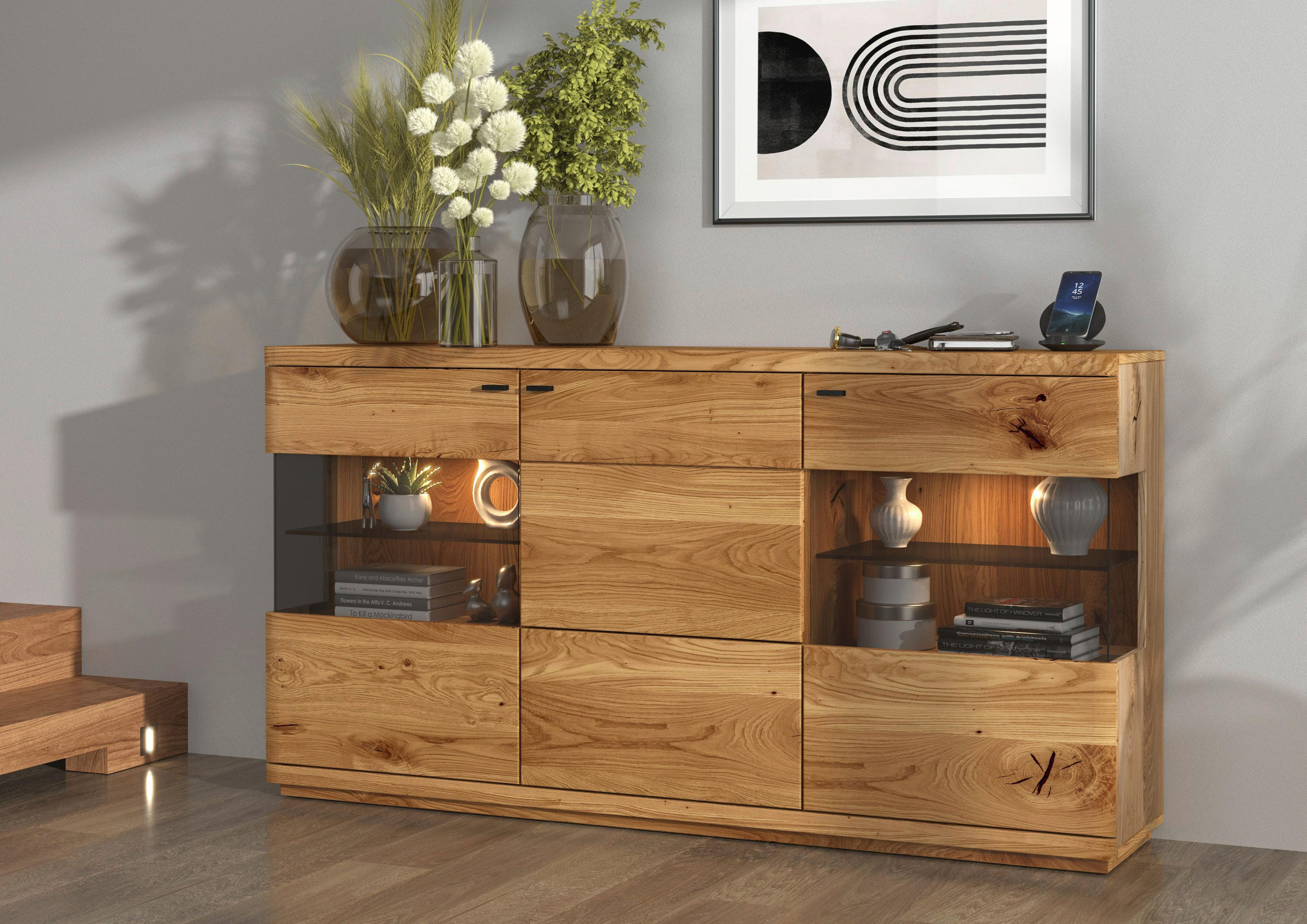 SIDEBOARD Eichefarben 181/95/38 cm - Eichefarben/Schwarz, Natur, Glas/Holz (181/95/38cm) - Linea Natura