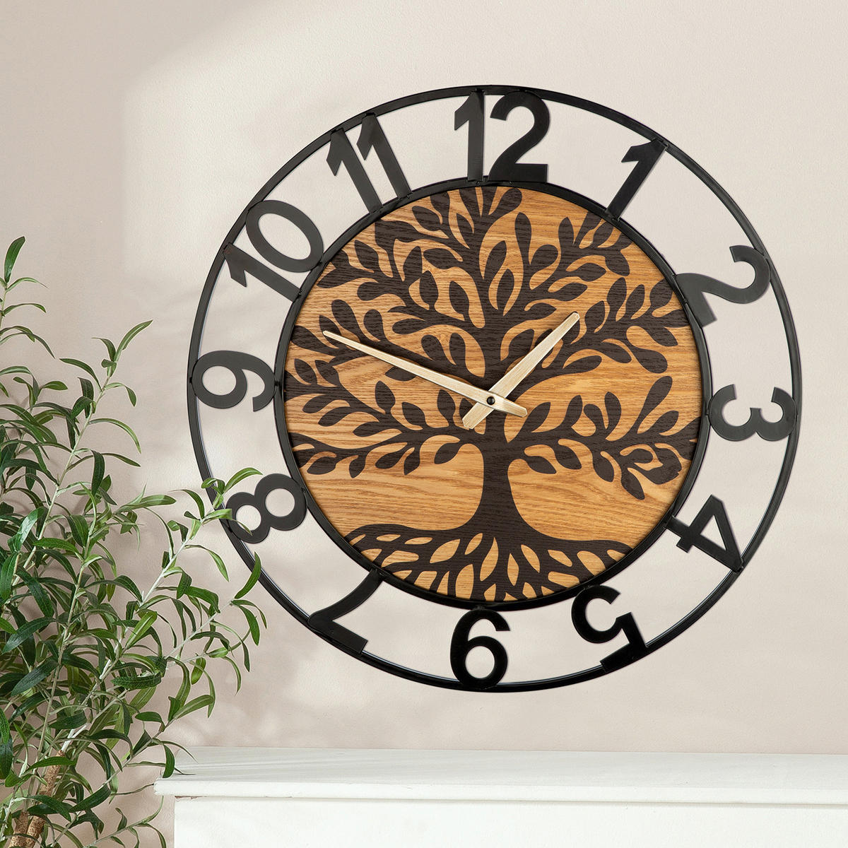 WANDUHR LEBENSBAUM Naturfarben, Schwarz  - Schwarz/Naturfarben, Basics, Holzwerkstoff/Metall (52/7cm)