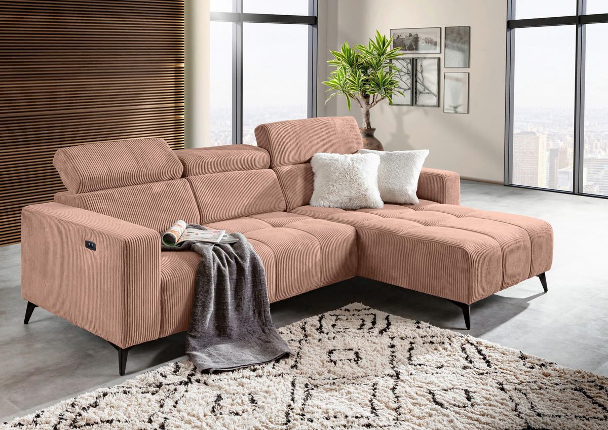 ECKSOFA Altrosa Cord Rücken echt, Kopfteilverstellung, Sitzvorzug  - Schwarz/Altrosa, KONVENTIONELL, Textil/Metall (257/170cm) - Carryhome