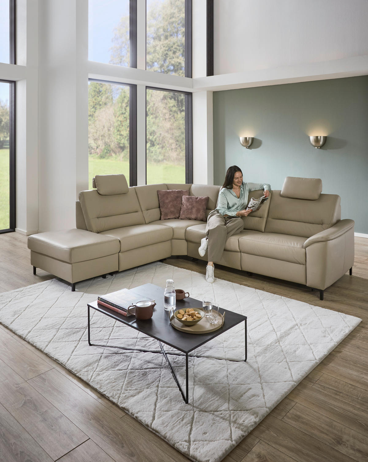 ECKSOFA in Echtleder Perlmutt  249/290 cm  - Perlmutt/Schwarz, KONVENTIONELL, Leder/Metall (249/290cm) - Beldomo Premium