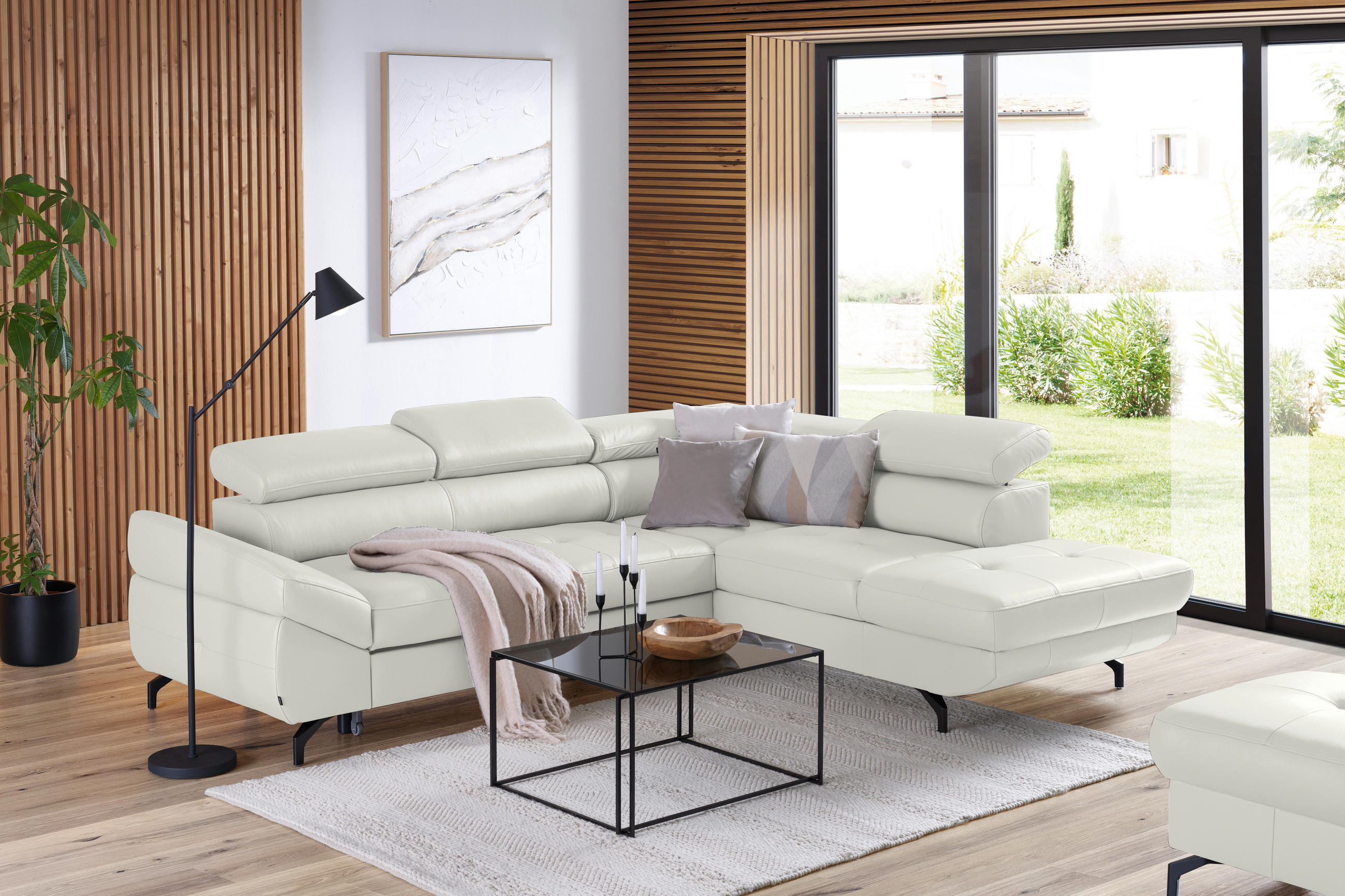 ECKSOFA in Echtleder Weiss  - Weiss/Schwarz, Design, Leder/Metall (270/220cm) - Novel