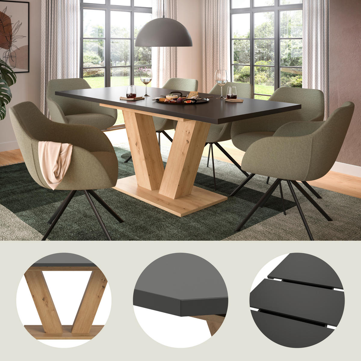 VÝSUVNÝ STŮL, šedá, 150-190/90/76 cm - šedá/dub artisan, Trend, kompozitní dřevo (150-190/90/76cm) - MID.YOU