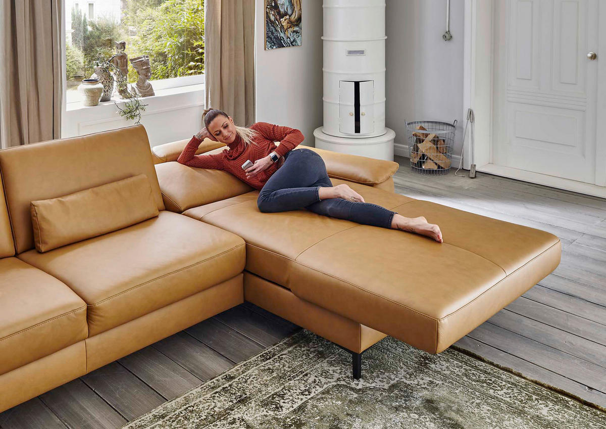 ECKSOFA in Echtleder Currygelb  334/175 cm  - Currygelb/Schwarz, Design, Leder/Metall (334/175cm) - Dieter Knoll