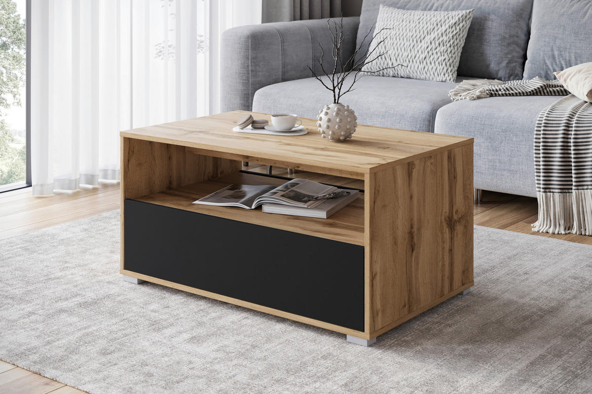 COUCHTISCH in Holzwerkstoff  - Eiche Wotan/Schwarz, Trend, Holzwerkstoff/Kunststoff (90/45/55cm) - Livetastic