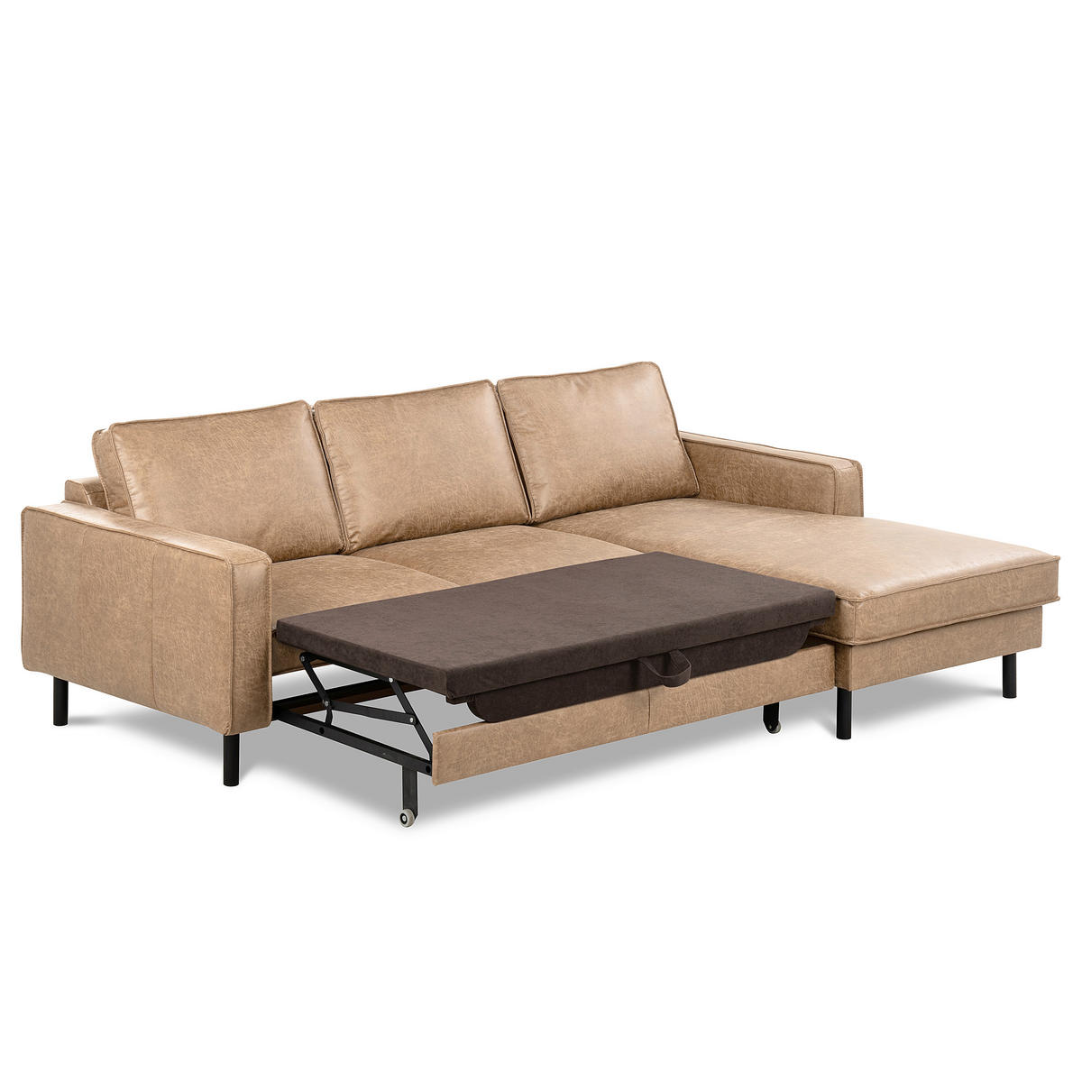 ECKSOFA Sandfarben Echtleder Lederlook Bettkasten, Schlaffunktion, Rücken echt  - Sandfarben/Schwarz, Design, Leder/Textil (166/238cm) - Livetastic
