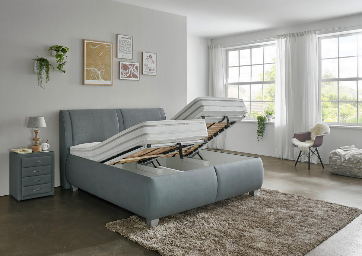 POLSTERBETT 180/200 cm,  in Blaugrau, Matratze, Lattenrost, Bettkasten, unterschiedliche Matratzenhärtegrade je Bettseite, H2 + H2 = mittel  - Silberfarben/Blaugrau, Design, Holzwerkstoff/Kunststoff (180/200cm) - Beldomo - Sleep