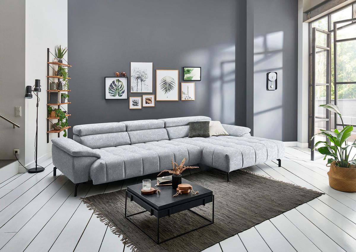 ECKSOFA in Chenille Hellgrau  329/190 cm  - Hellgrau/Schwarz, Design, Textil/Metall (329/190cm) - Beldomo Style