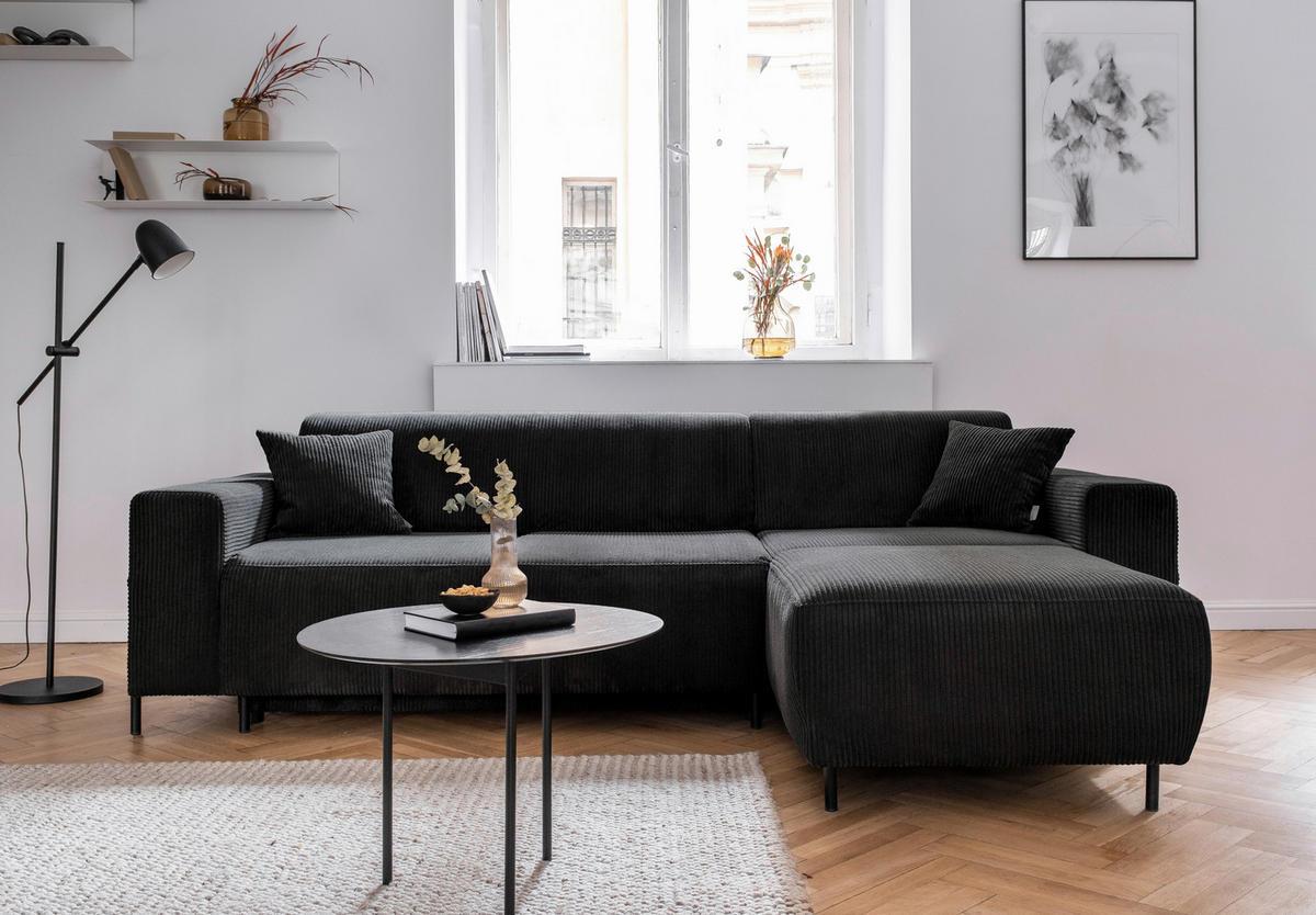 ECKSOFA Dunkelgrau Cord  - Dunkelgrau/Schwarz, Textil/Metall (260/165cm) - MID.YOU