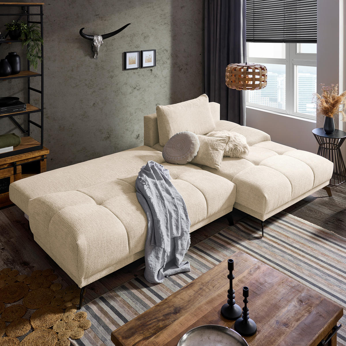 ECKSOFA in Chenille Creme  - Creme/Schwarz, MODERN, Textil/Metall (290/182cm) - Hom`in