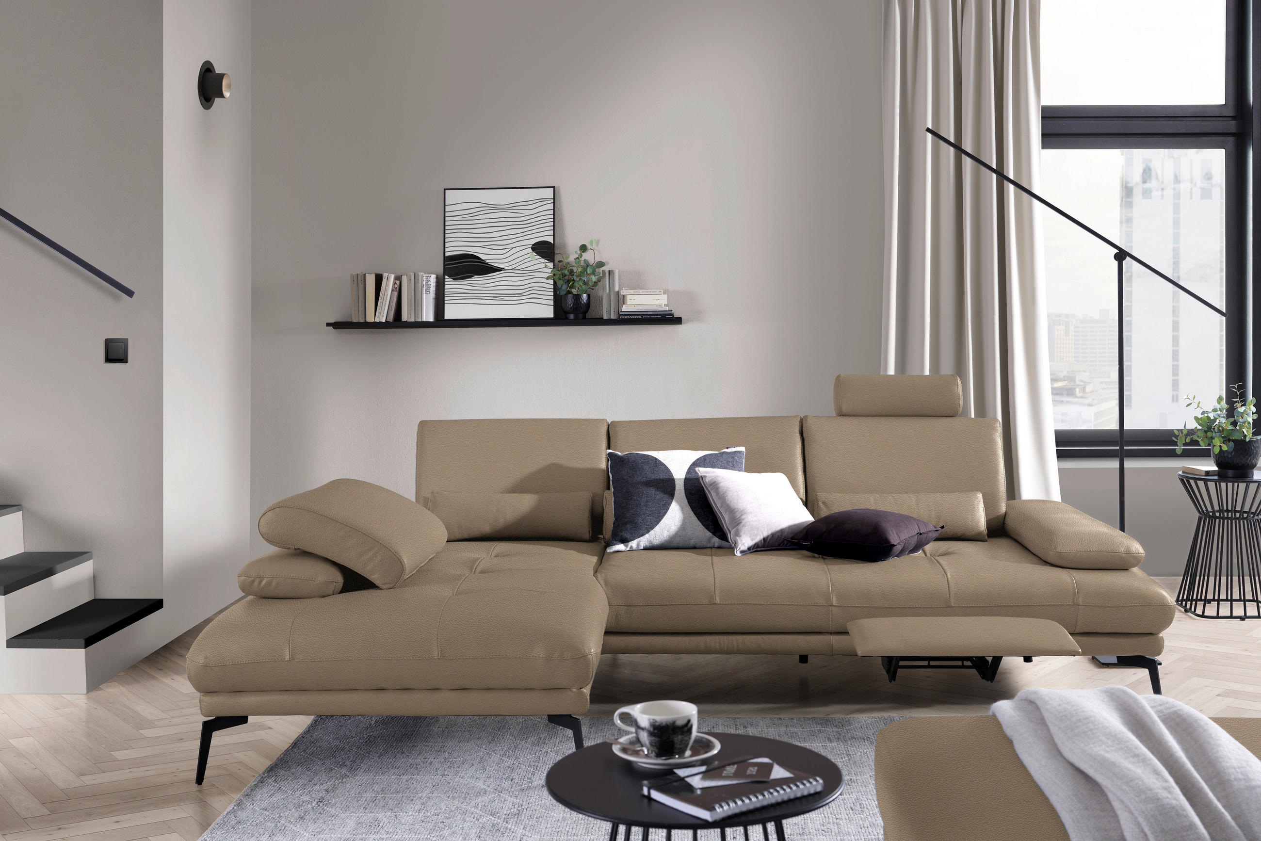 ECKSOFA in Echtleder Mokka  - Schwarz/Mokka, Design, Leder/Metall (187/273cm) - Celina Home