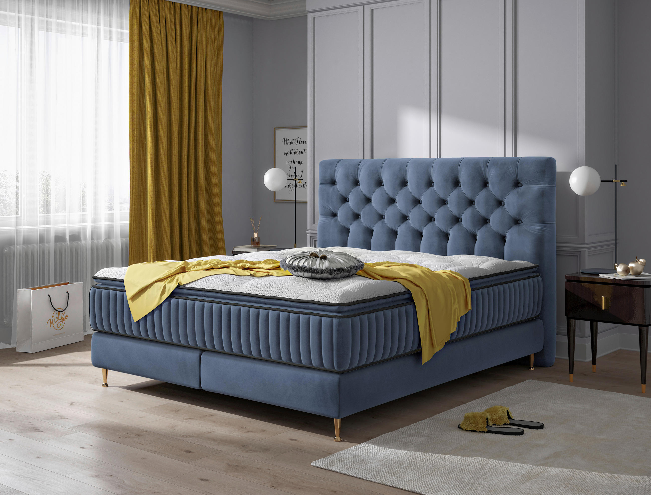 Thumbnail - Boxxx Boxspringbett, Dunkelblau, Textil, 7-Zonen, Höhe ca. 34 cm, 180x200 cm, Matratze, gepolstertes Kopfteil, Federkern...