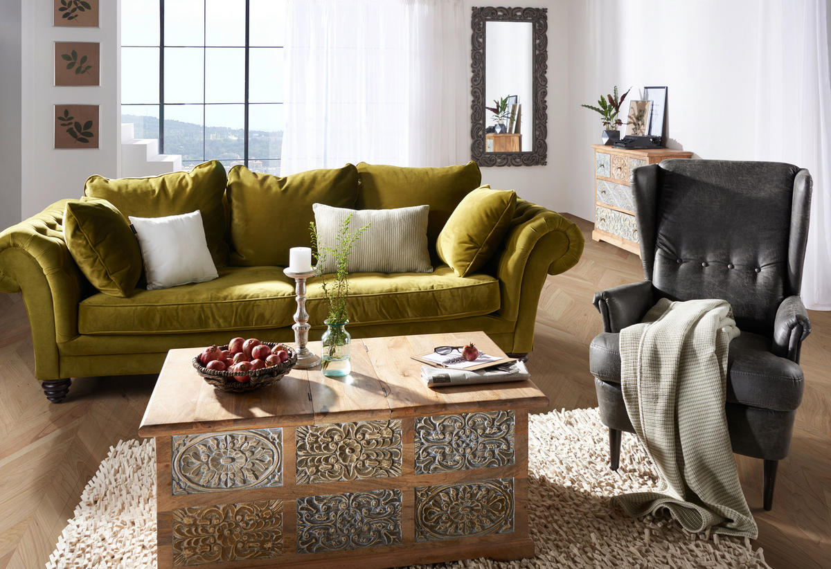 MEGASOFA in Samt Grün  - Dunkelbraun/Grün, Design, Holz/Textil (273/85/110cm) - Ambia Home