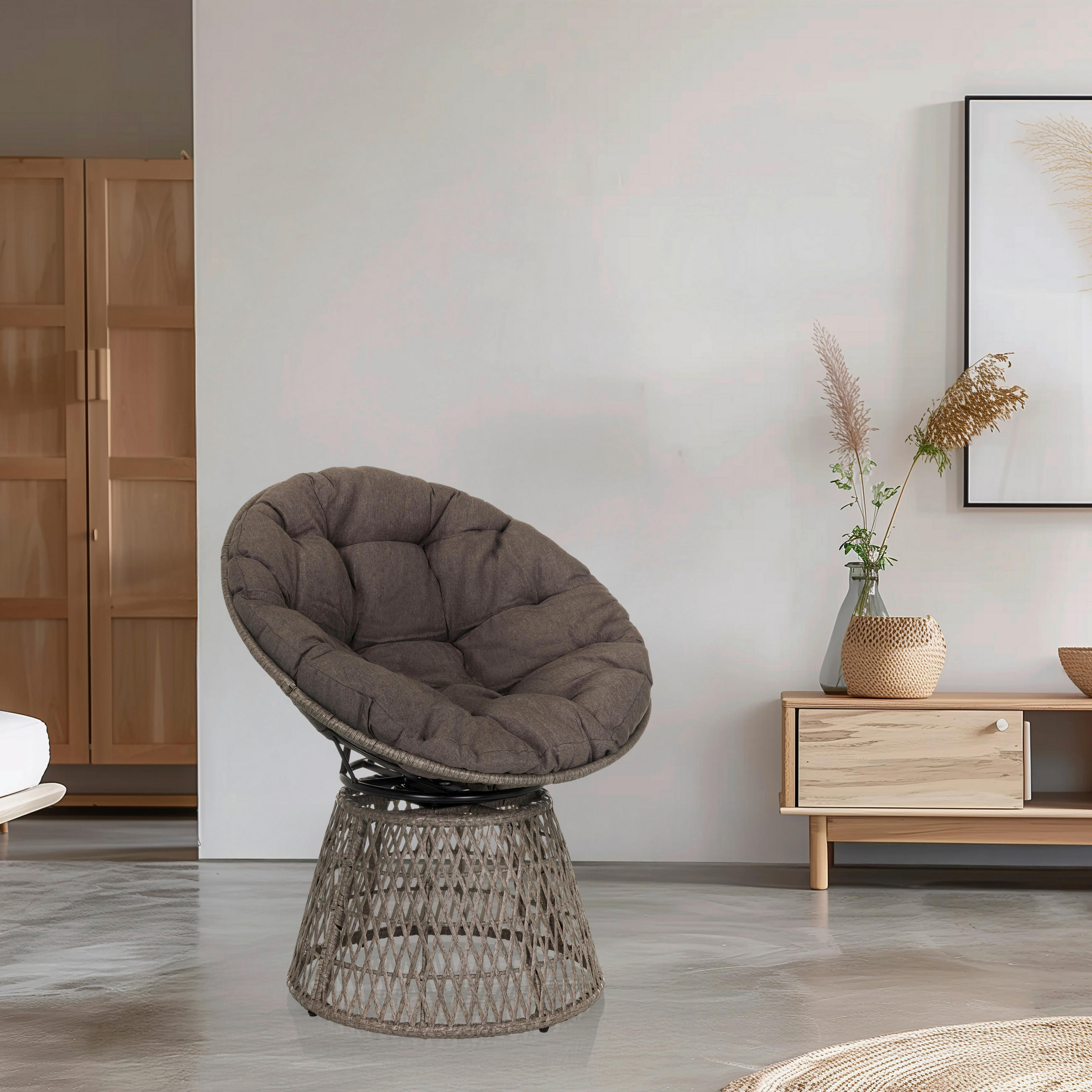 Thumbnail - Mid.you Gartensessel, Grau, Holz, Metall, Rattan, 78x92x73 cm, Sitzfläche 360° drehbar, Gartenmöbel, Gartenstühle, Garte...