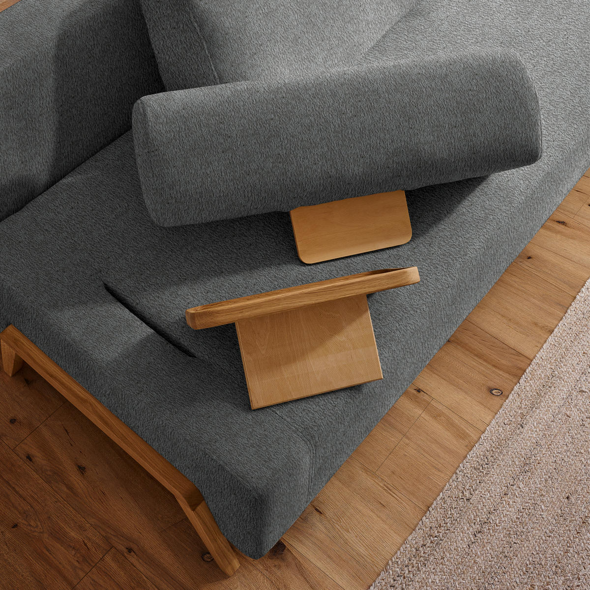 SCHLAFSOFA  mit Stoffauswahl, Armlehnen seitenverkehrt montierbar, Armteil links Teddystoff Grau  - Naturfarben/Grau, Design, Holz/Textil (211/88/102cm) - Niels Andersson