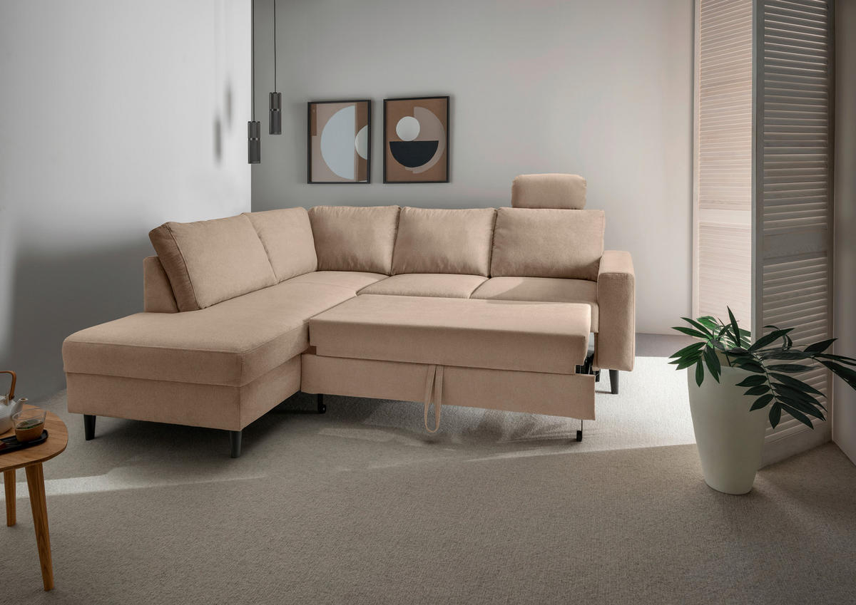 ECKSCHLAFSOFA in Hellbraun Textil   - Hellbraun/Schwarz, Modern, Holz/Textil (200/242cm) - Livetastic