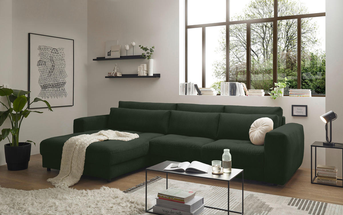 ECKSOFA in Cord Dunkelgrün  - Dunkelgrün/Schwarz, Konventionell, Holzwerkstoff/Kunststoff (194/333cm) - MID.YOU