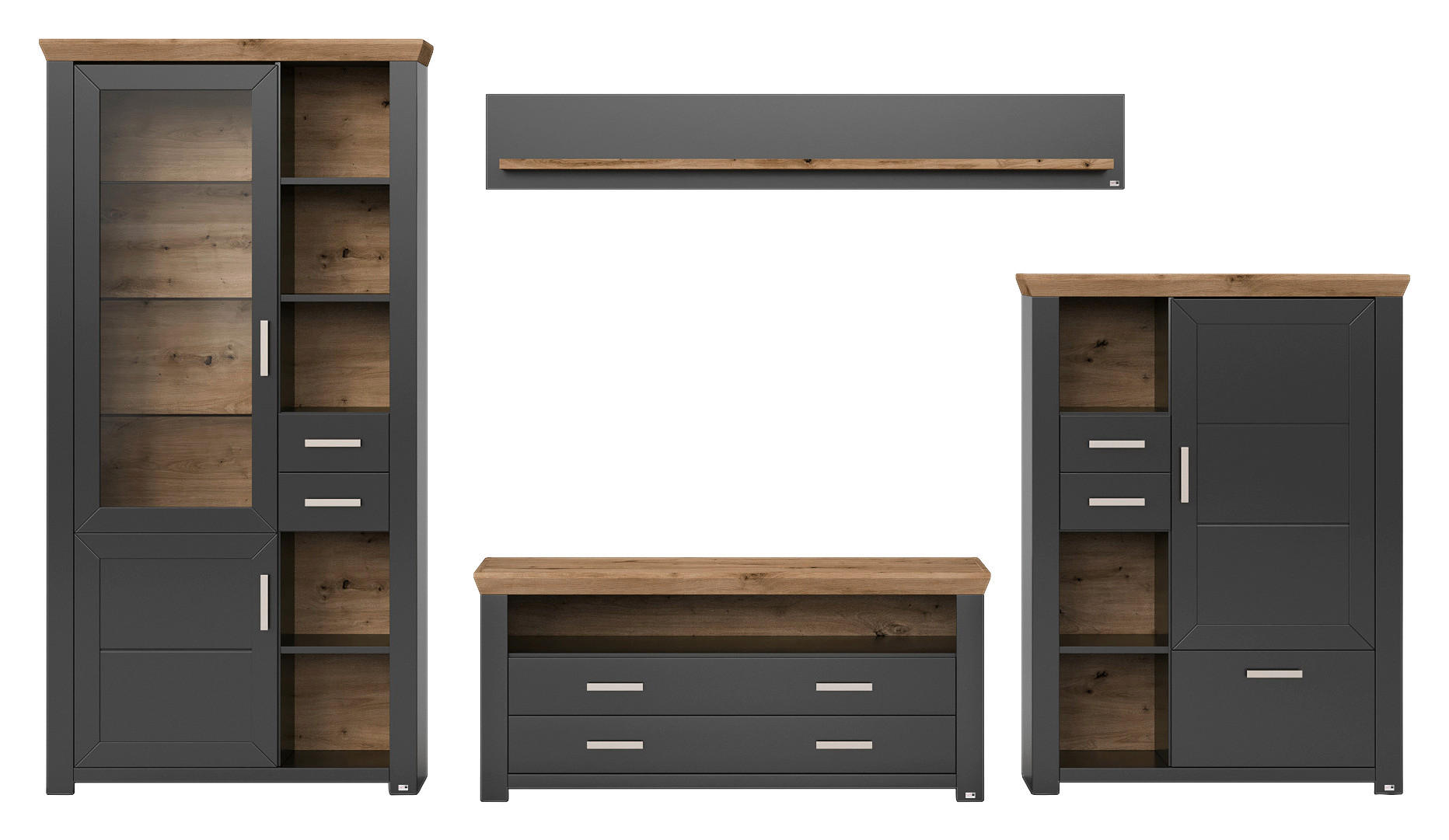 WOHNWAND  in Graphitfarben, Eiche Artisan  370/206,6/51,2 cm  - Graphitfarben/Eiche Artisan, Design, Glas/Holzwerkstoff (370/206,6/51,2cm) - SetOne by Musterring