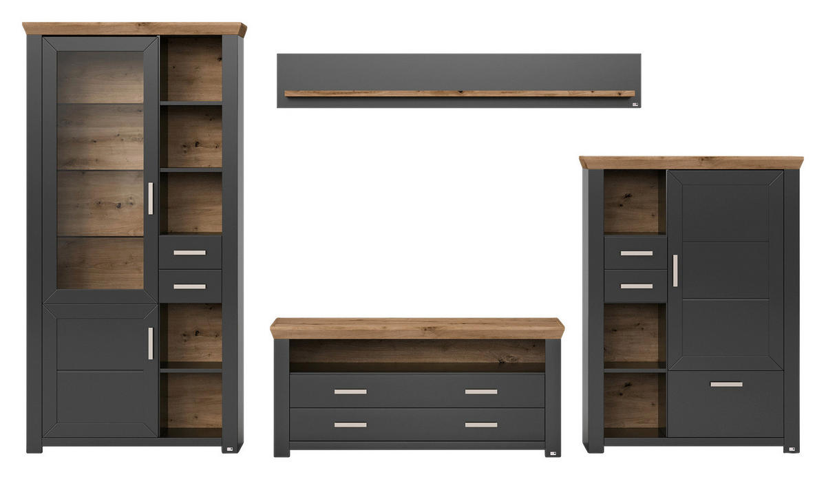 WOHNWAND  in Graphitfarben, Eiche Artisan  370/206,6/51,2 cm  - Graphitfarben/Eiche Artisan, Design, Glas/Holzwerkstoff (370/206,6/51,2cm) - SetOne by Musterring